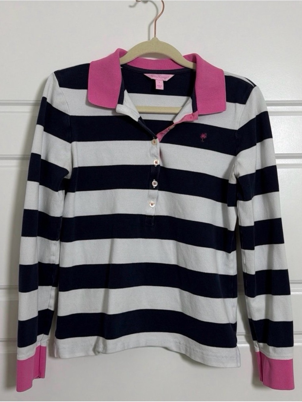 Lilly Pulitzer Navy, White & Pink Striped Long-Sleeve Polo Size Small